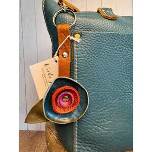 Genuine Leather Purse Charm Blue Red Purple Flower Keychain Accessory
